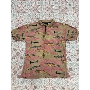 Vintage US Games Mens Medium Polo Shirt Fishing Fly Fish Trout All Over Print Ta
